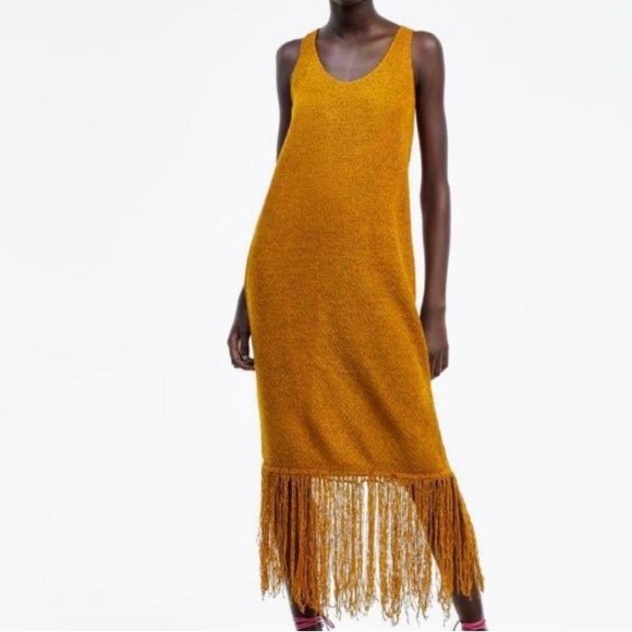 Zara Dresses & Skirts - ZARA Knit Fringe Midi Dress Women's M Mustard Yellow Sleeveless Boho‎ Statement